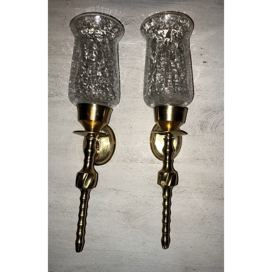 2 Decorative Wall Sconces Flat Mount Cracked Glass Brass Style Lighting - Thumbnail 3