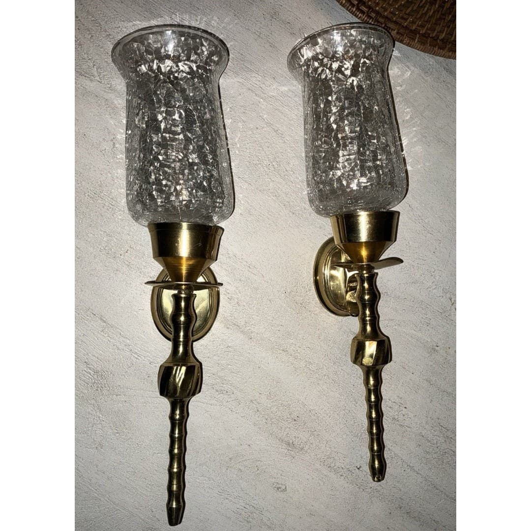 2 Decorative Wall Sconces Flat Mount Cracked Glass Brass Style Lighting - Thumbnail 4