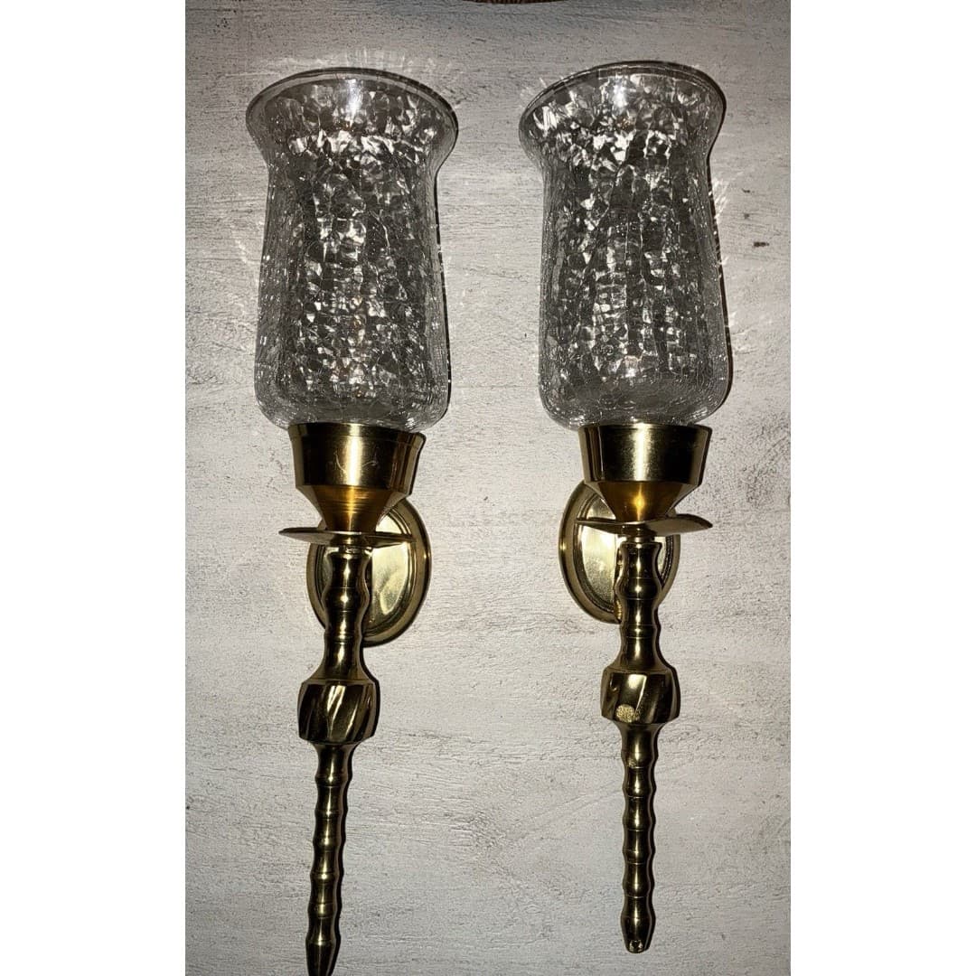 2 Decorative Wall Sconces Flat Mount Cracked Glass Brass Style Lighting - Thumbnail 2