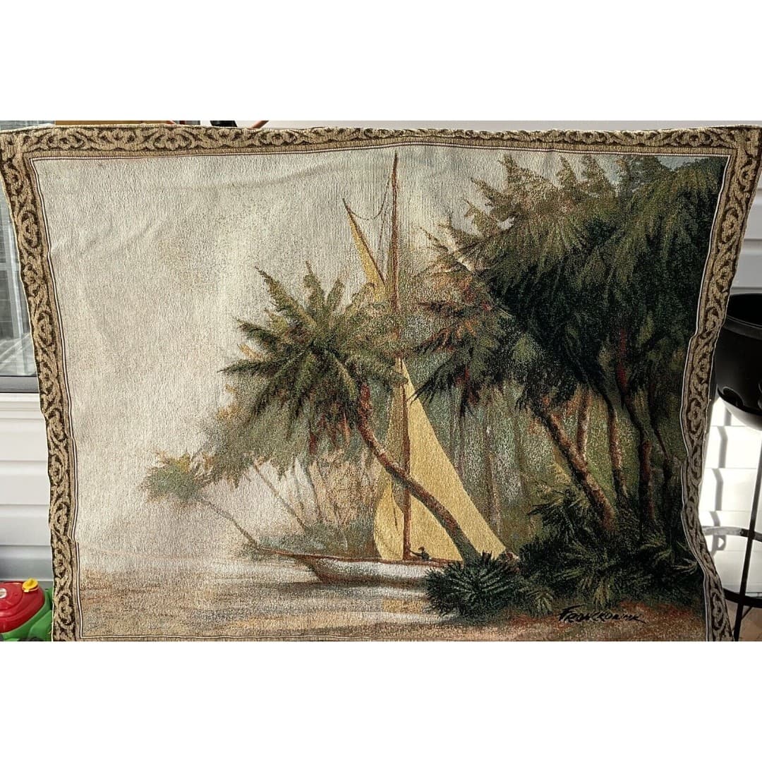 Leaving Out Sailboat Palm Trees Tapestry Wall Hanging 41x34” Art Fronckowiak USA - Thumbnail 3