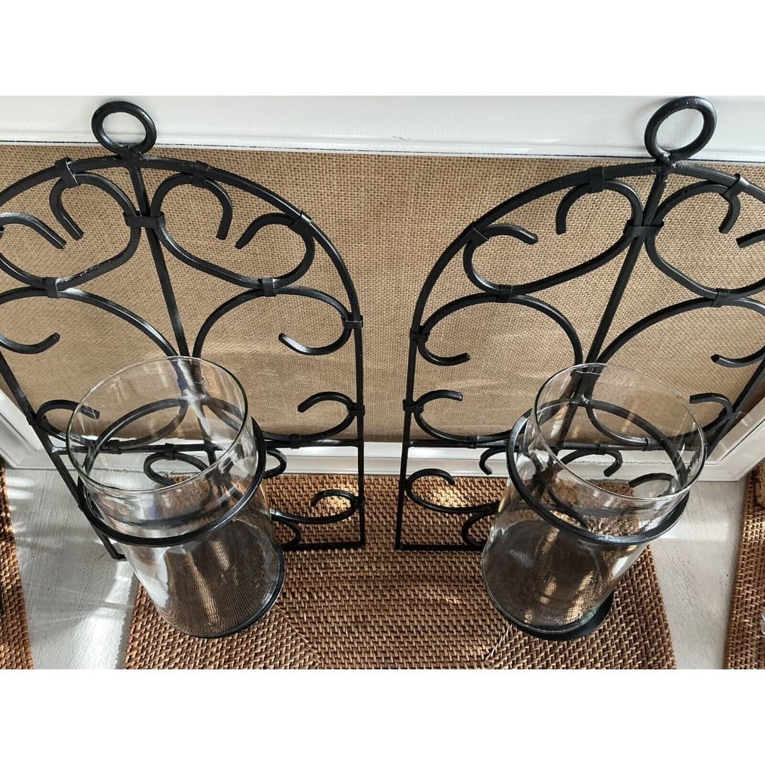 MCM Metal Wall Candle Sconces Spanish Look W/Globes A Pair - Thumbnail 4