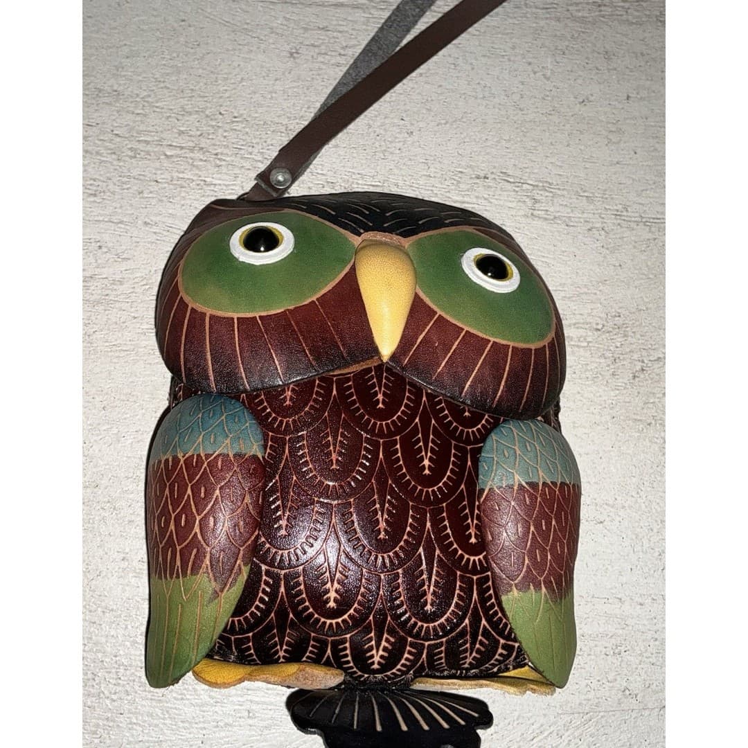 Brown Owl Leather Coin Change Purse Wallet Wristlet Bag Keychain Zipper Handmade - Thumbnail 2
