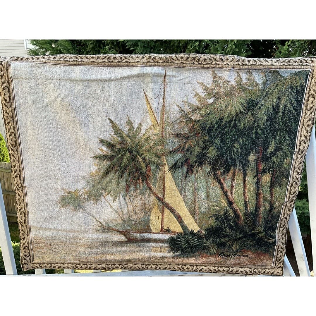 Leaving Out Sailboat Palm Trees Tapestry Wall Hanging 41x34” Art Fronckowiak USA - Thumbnail 7
