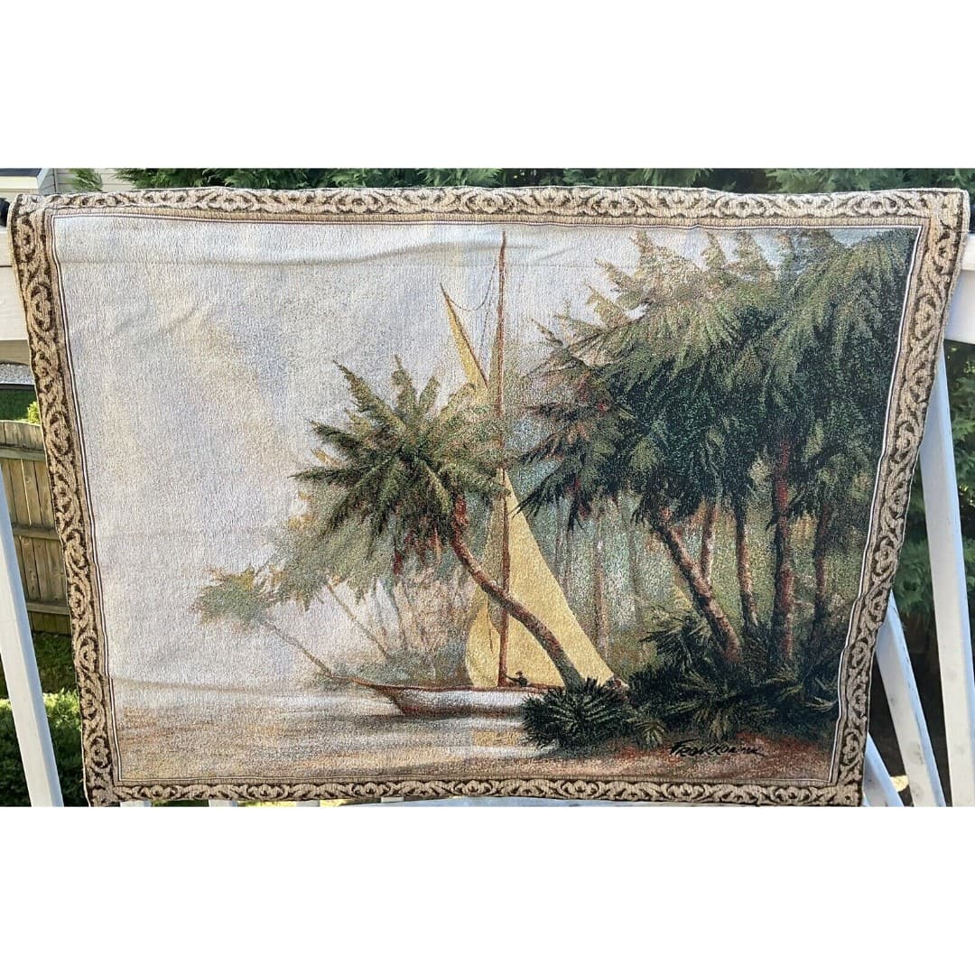 Leaving Out Sailboat Palm Trees Tapestry Wall Hanging 41x34” Art Fronckowiak USA - Thumbnail 5