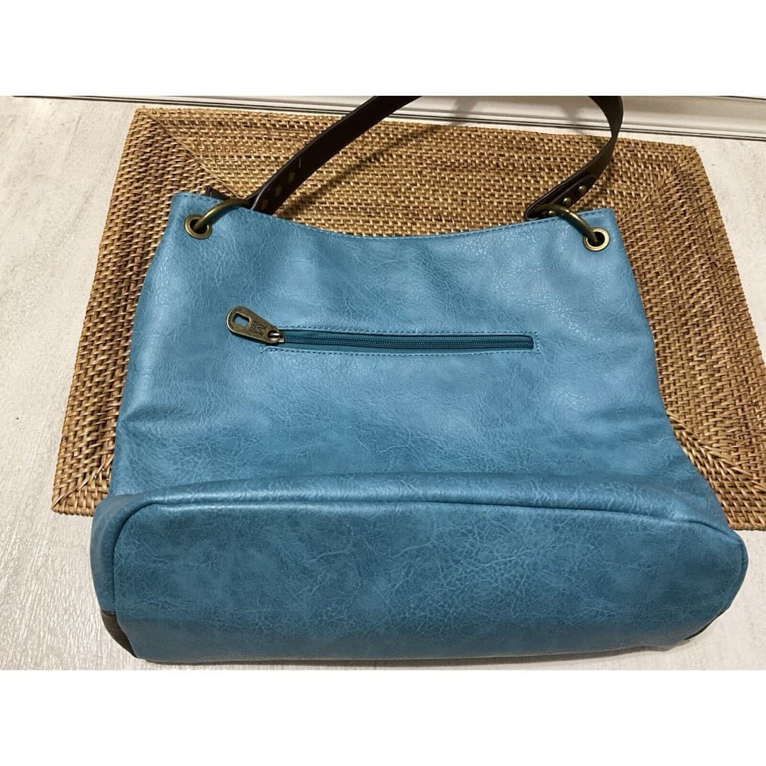 Montana West Hobo Vegan Leather Top Handle Turquoise Brown Shoulder Handbag - Thumbnail 6