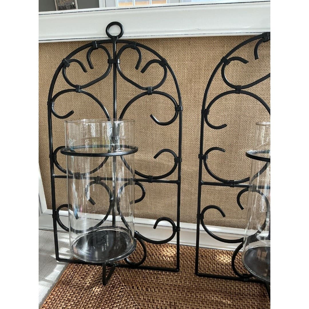 MCM Metal Wall Candle Sconces Spanish Look W/Globes A Pair - Thumbnail 3