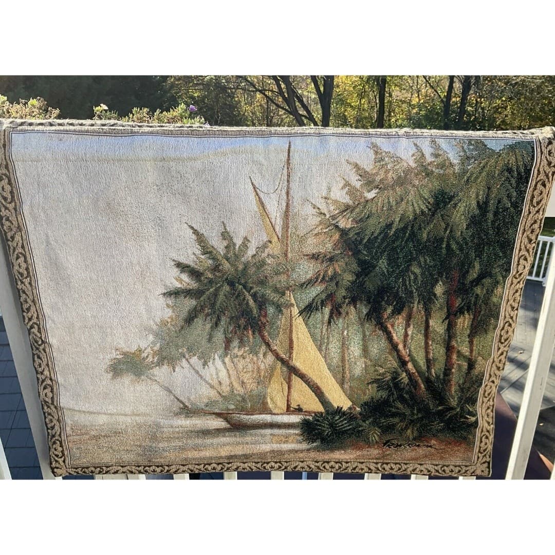 Leaving Out Sailboat Palm Trees Tapestry Wall Hanging 41x34” Art Fronckowiak USA