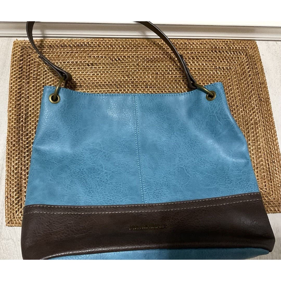 Montana West Hobo Vegan Leather Top Handle Turquoise Brown Shoulder Handbag - Thumbnail 5