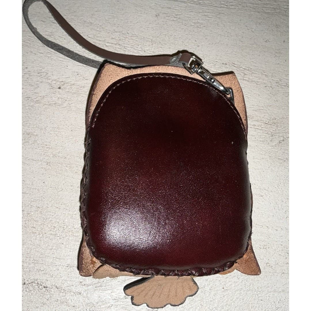 Brown Owl Leather Coin Change Purse Wallet Wristlet Bag Keychain Zipper Handmade - Thumbnail 3