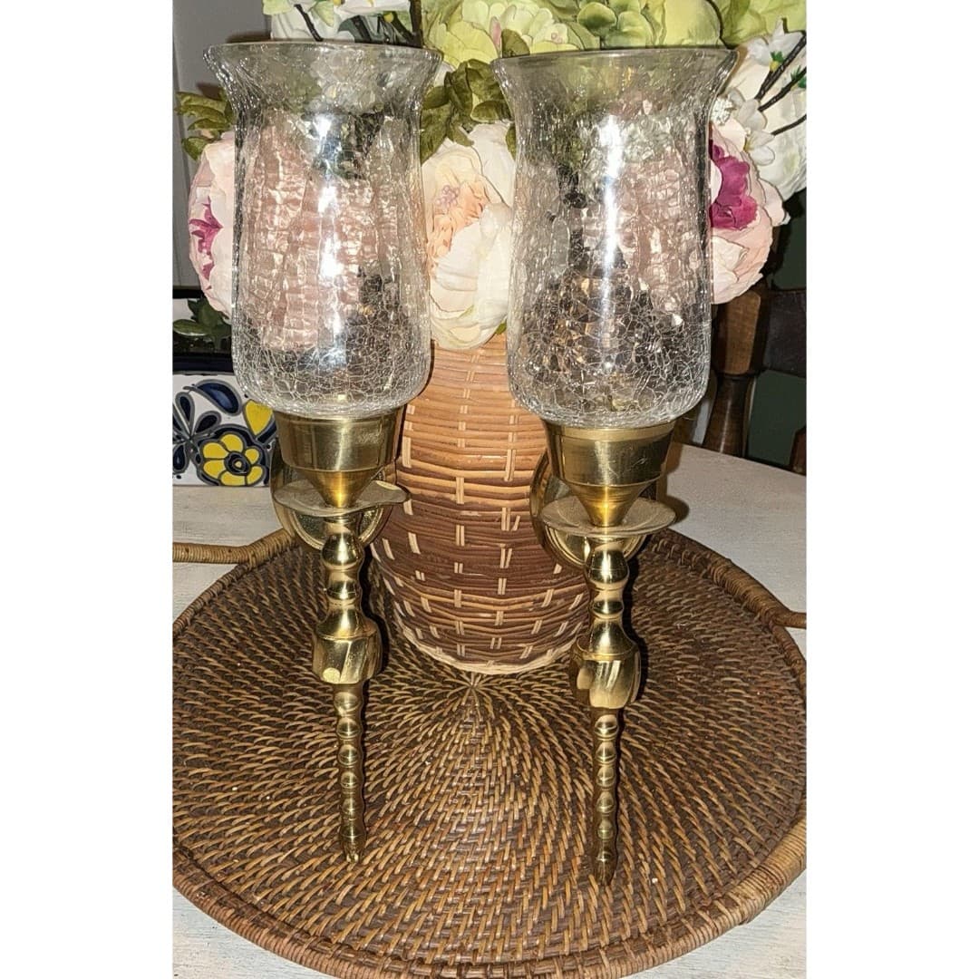 2 Decorative Wall Sconces Flat Mount Cracked Glass Brass Style Lighting - Thumbnail 6