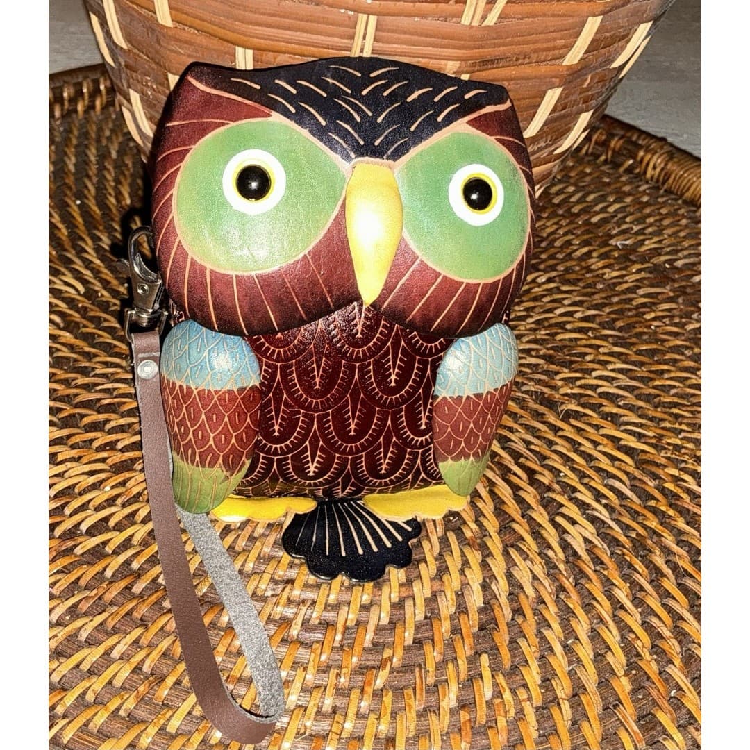 Brown Owl Leather Coin Change Purse Wallet Wristlet Bag Keychain Zipper Handmade