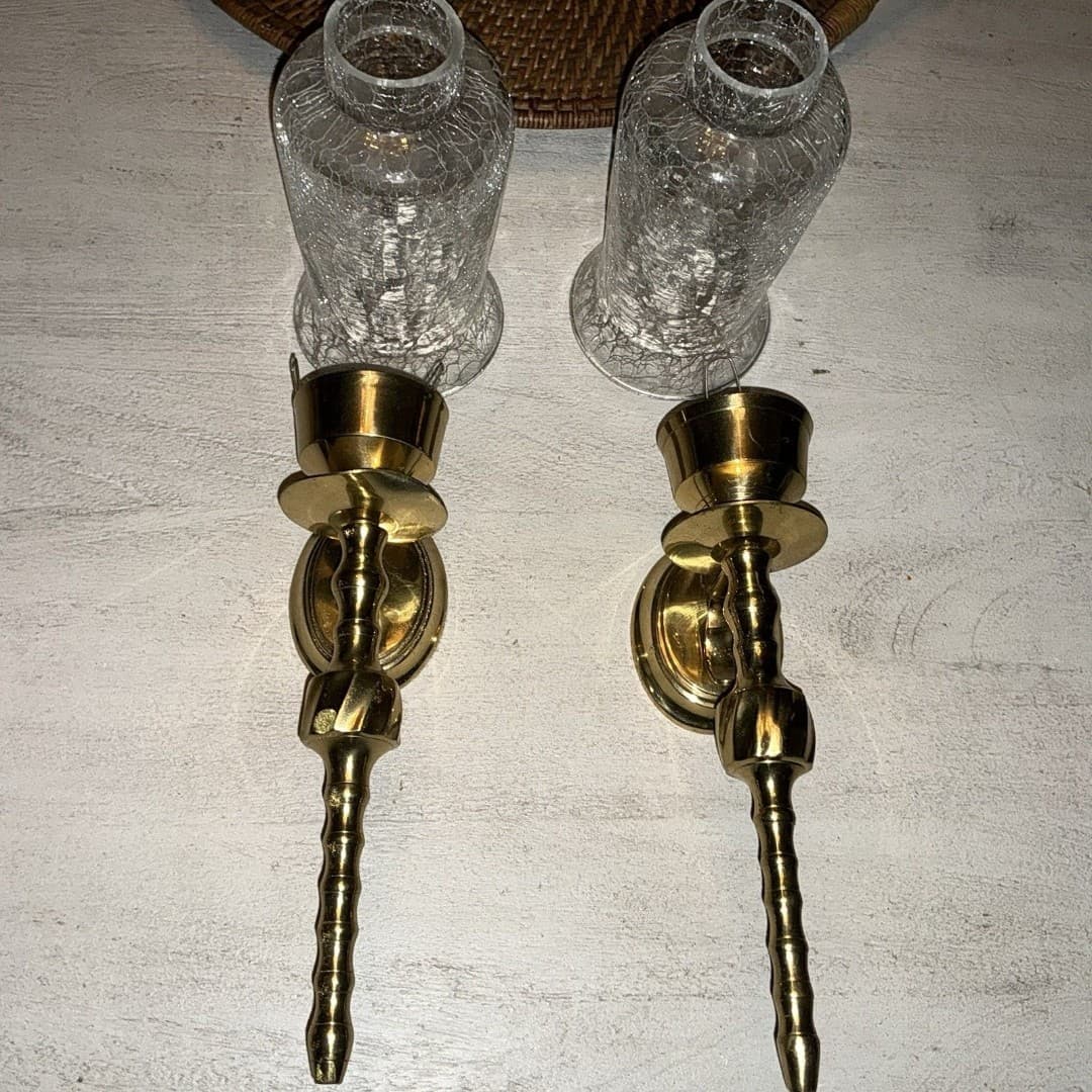2 Decorative Wall Sconces Flat Mount Cracked Glass Brass Style Lighting - Thumbnail 8