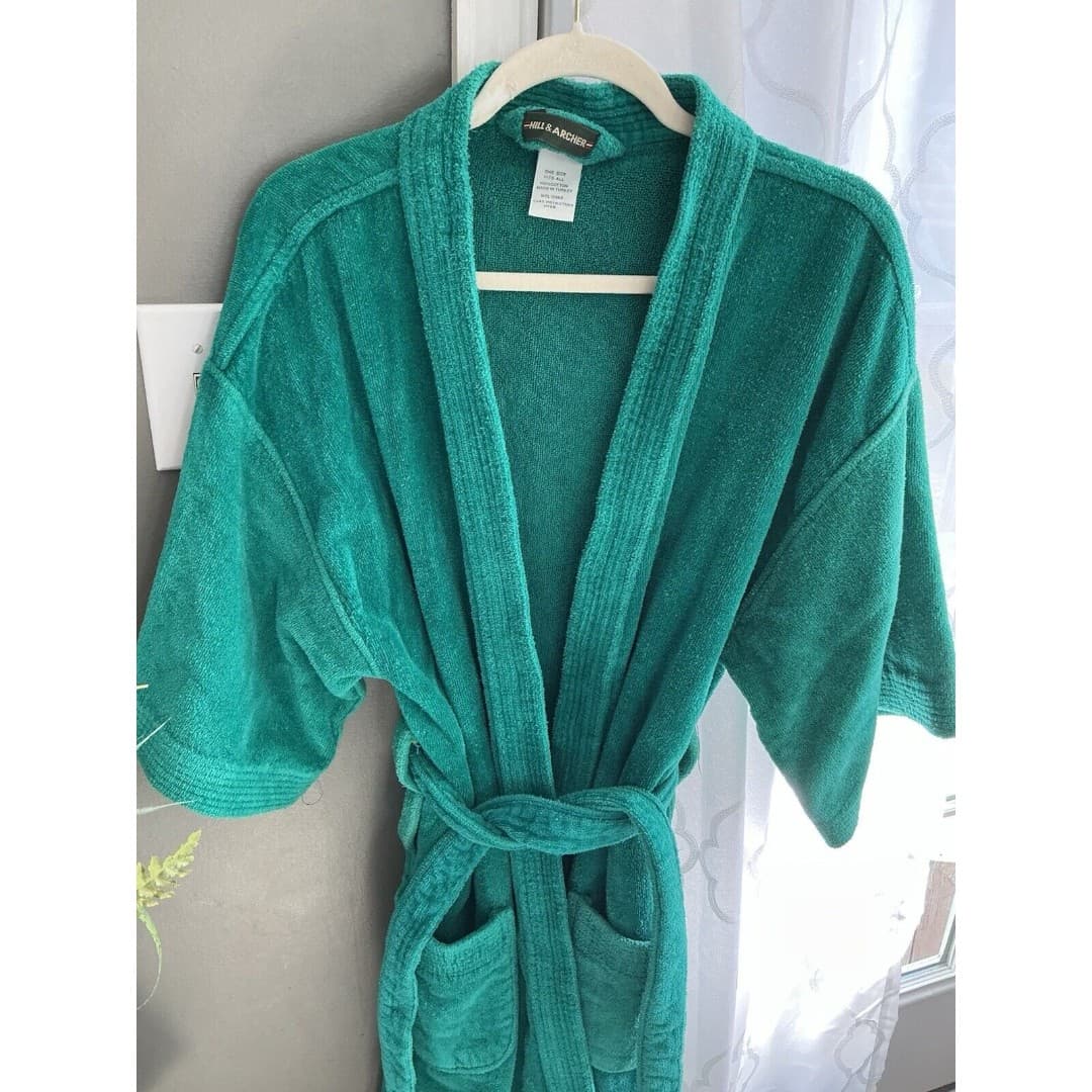 Vintage Hill & Archer Green Terry Cloth Cotton Unisex Bathrobe One Size - Thumbnail 3