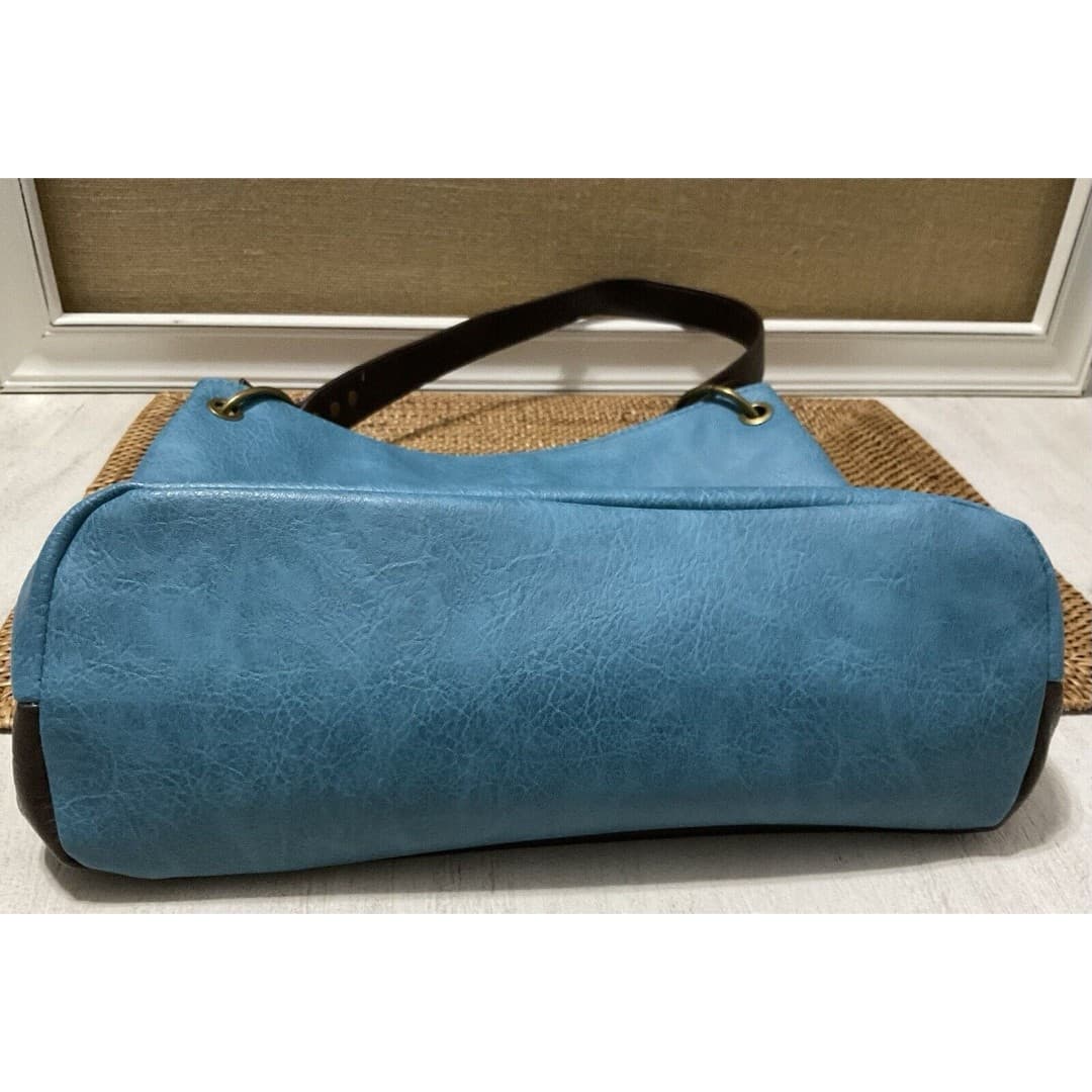 Montana West Hobo Vegan Leather Top Handle Turquoise Brown Shoulder Handbag - Thumbnail 8