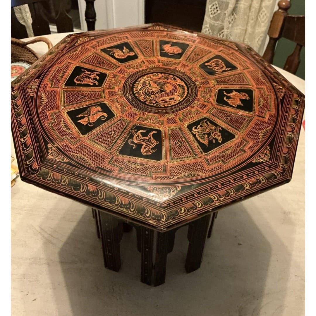 Vintage Asian Lacquer Octagonal Folding Legs Table--Tabouret Stand