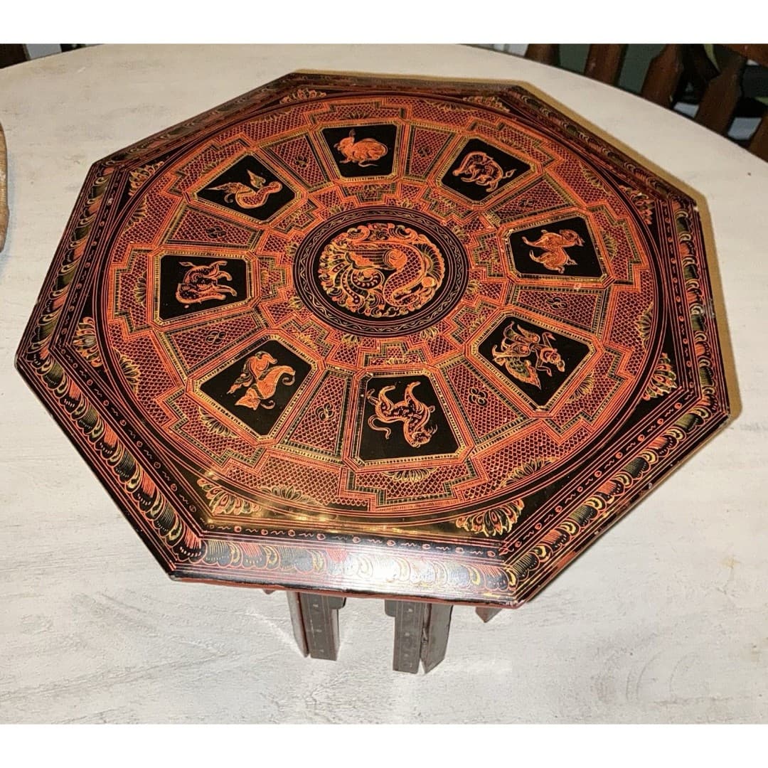 Vintage Asian Lacquer Octagonal Folding Legs Table--Tabouret Stand - Thumbnail 3