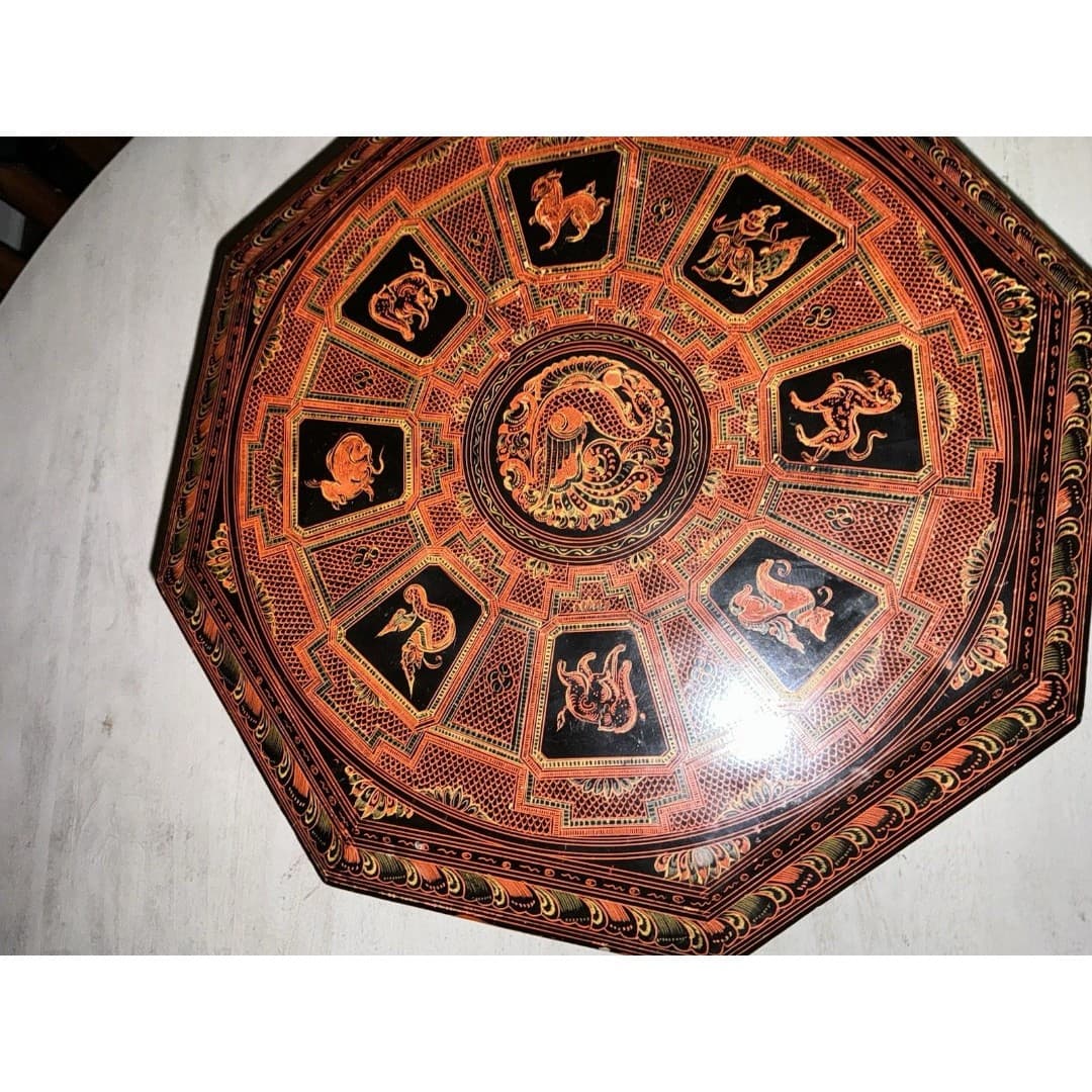 Vintage Asian Lacquer Octagonal Folding Legs Table--Tabouret Stand - Thumbnail 5