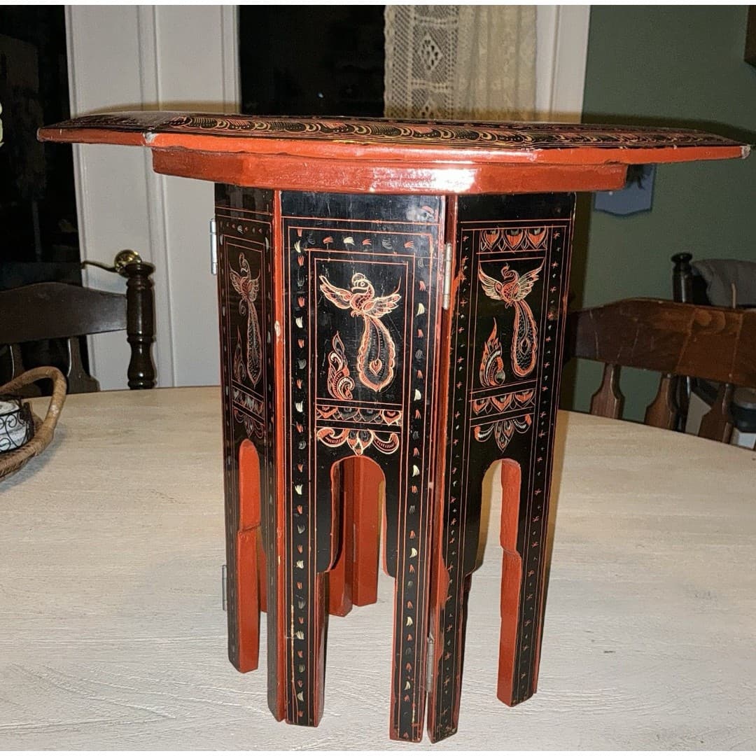 Vintage Asian Lacquer Octagonal Folding Legs Table--Tabouret Stand - Thumbnail 2