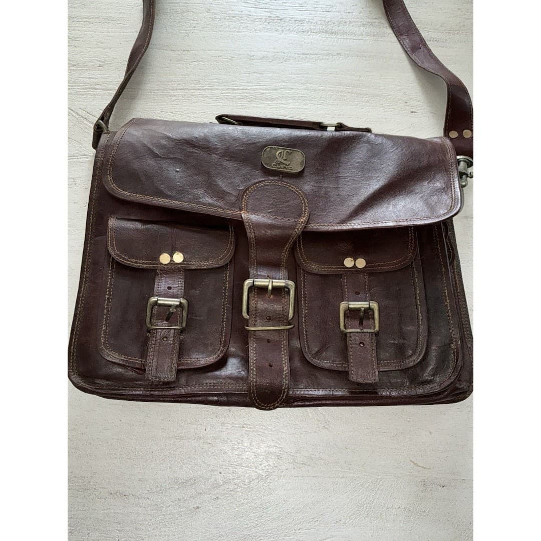 Cuero Bag Mens 14” Brown Leather Messenger Laptop Crossbody Vintage - Thumbnail 3