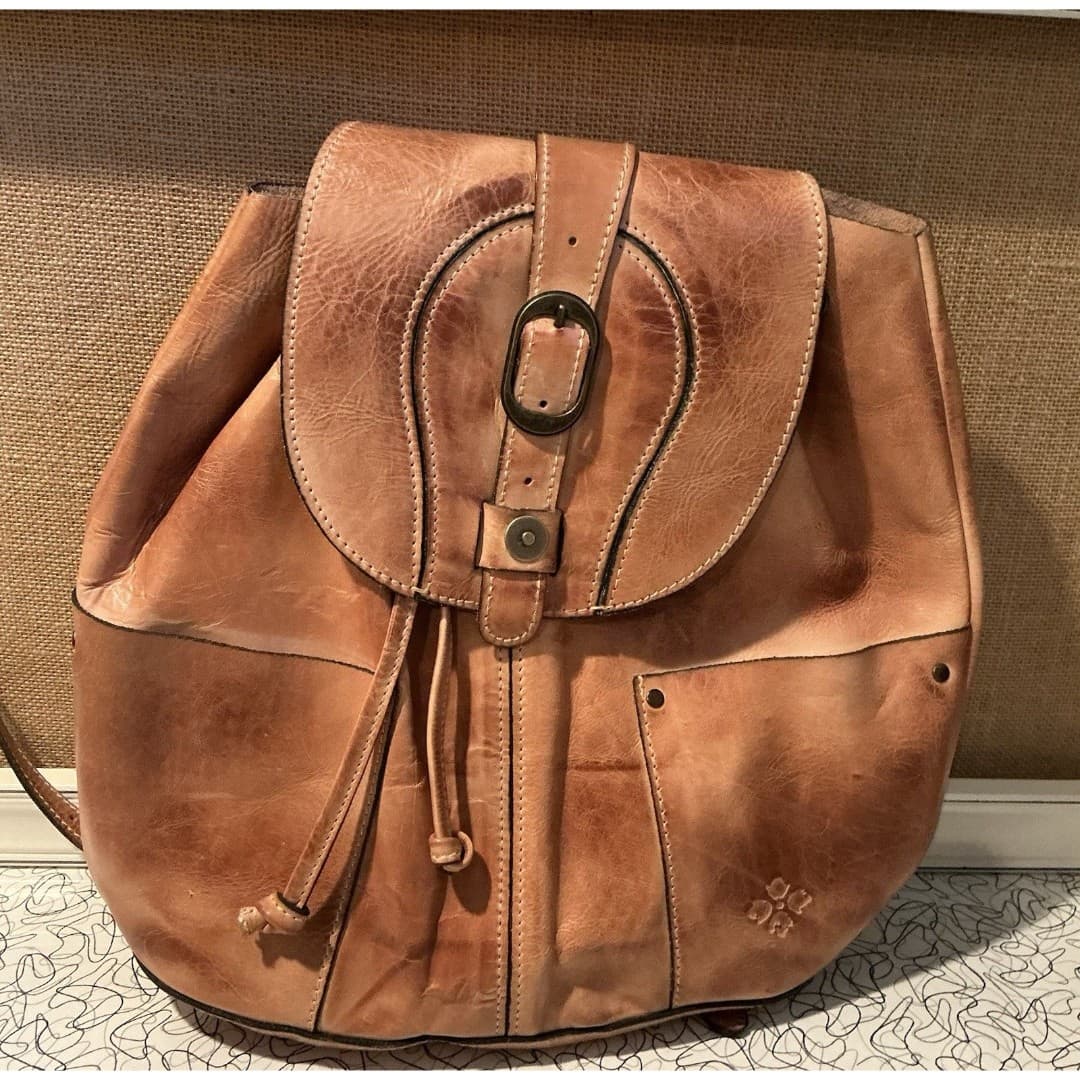 Patricia Nash Leather Backpack Tan Cognac Distressed Vintage Drawstring & Buckle - Thumbnail 3