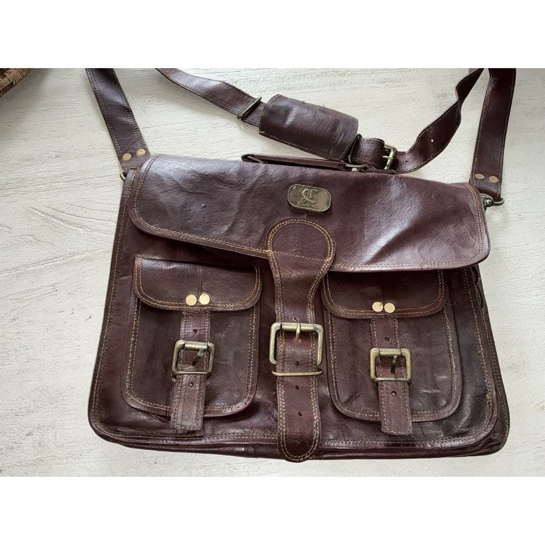 Cuero Bag Mens 14” Brown Leather Messenger Laptop Crossbody Vintage - Thumbnail 2