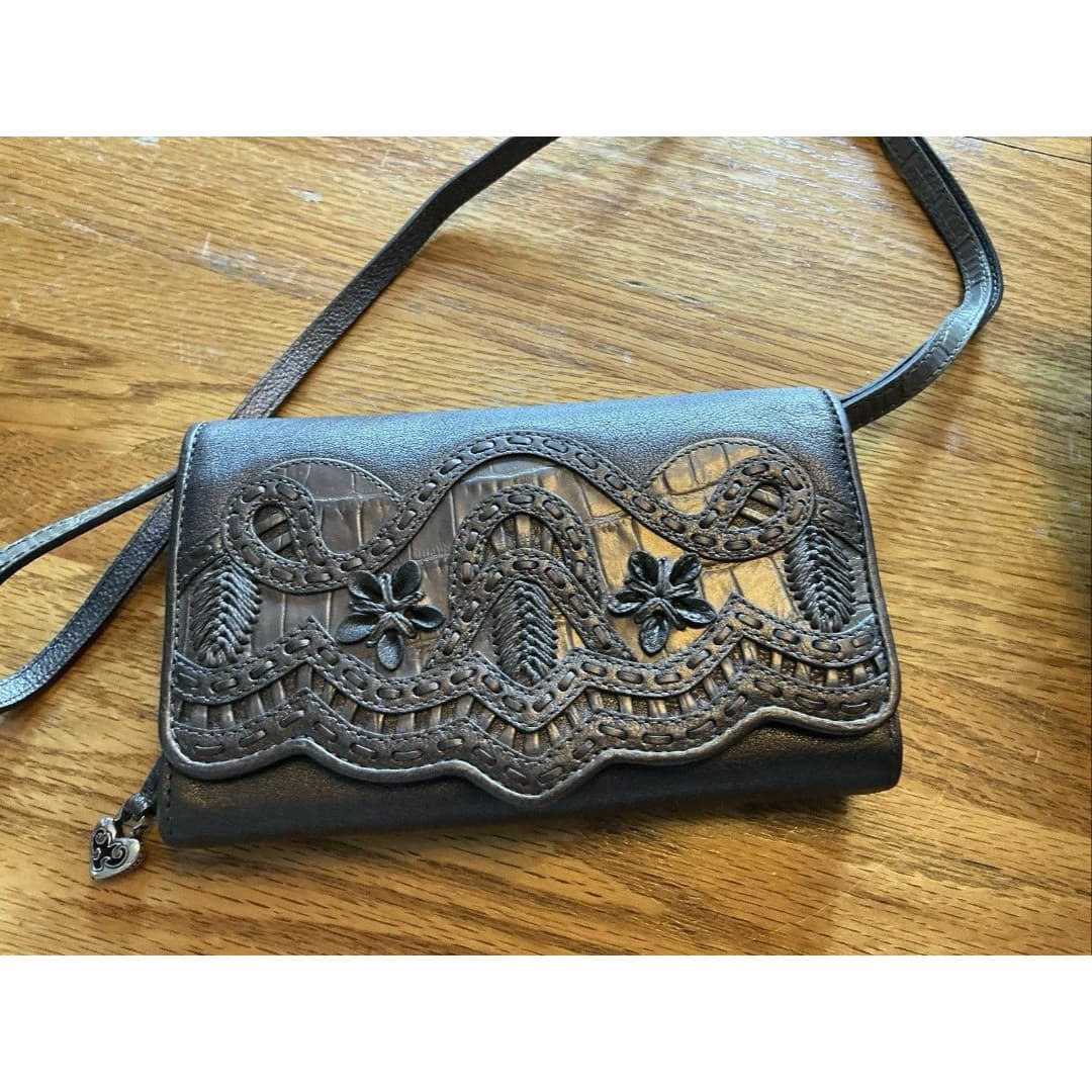 Vintage Brighton Silver Metallic Embossed Leather Crossbody Handbag - Thumbnail 2