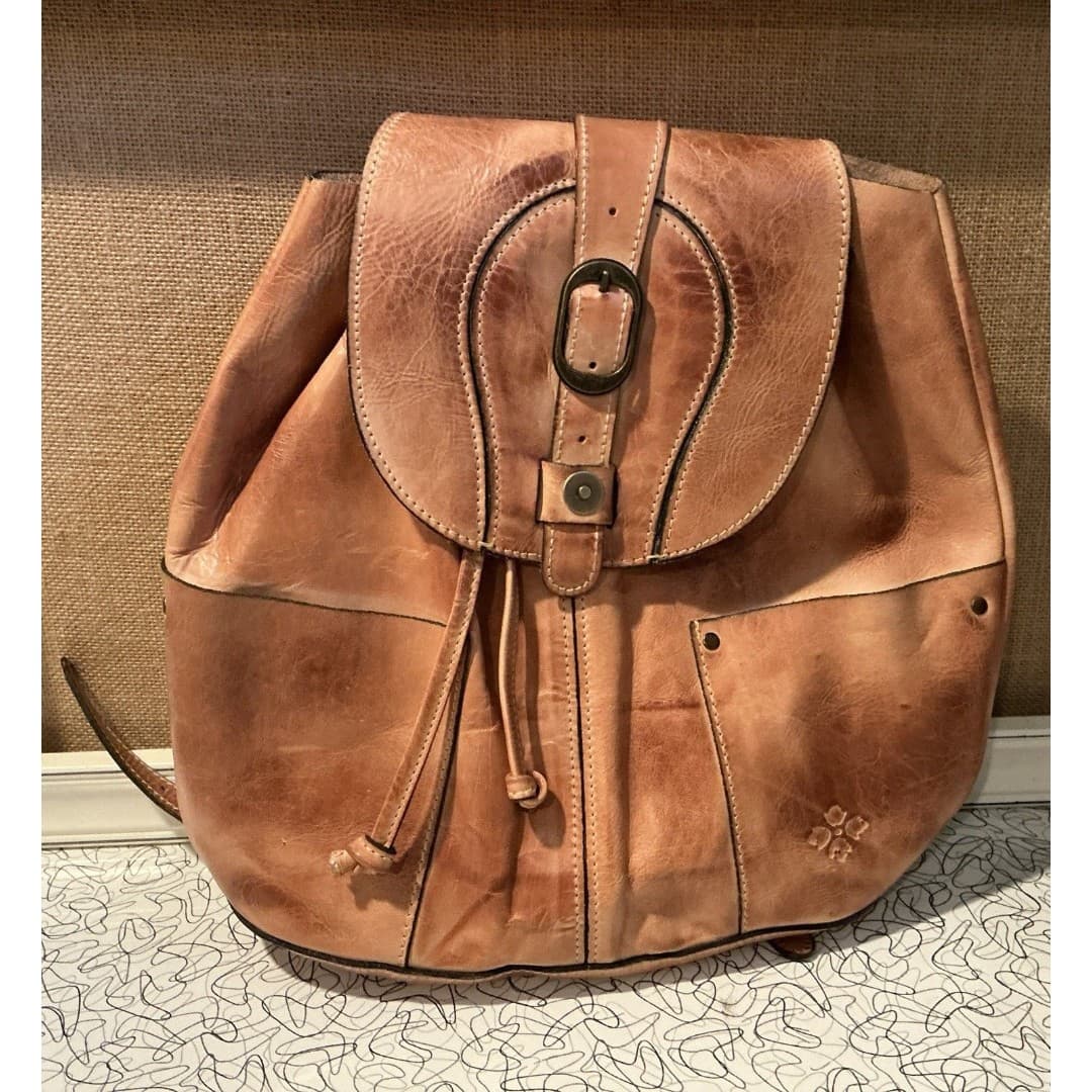 Patricia Nash Leather Backpack Tan Cognac Distressed Vintage Drawstring & Buckle - Thumbnail 2
