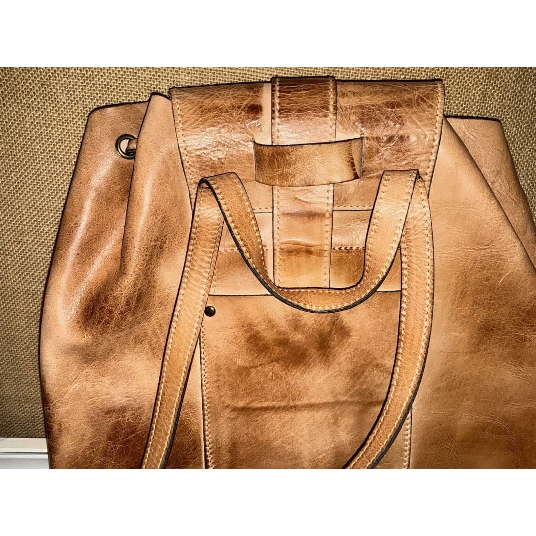 Patricia Nash Leather Backpack Tan Cognac Distressed Vintage Drawstring & Buckle - Thumbnail 9