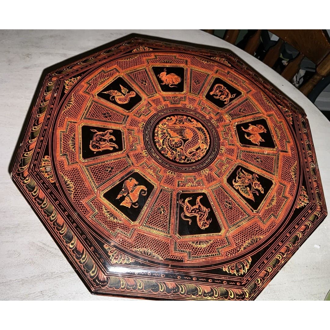 Vintage Asian Lacquer Octagonal Folding Legs Table--Tabouret Stand - Thumbnail 4
