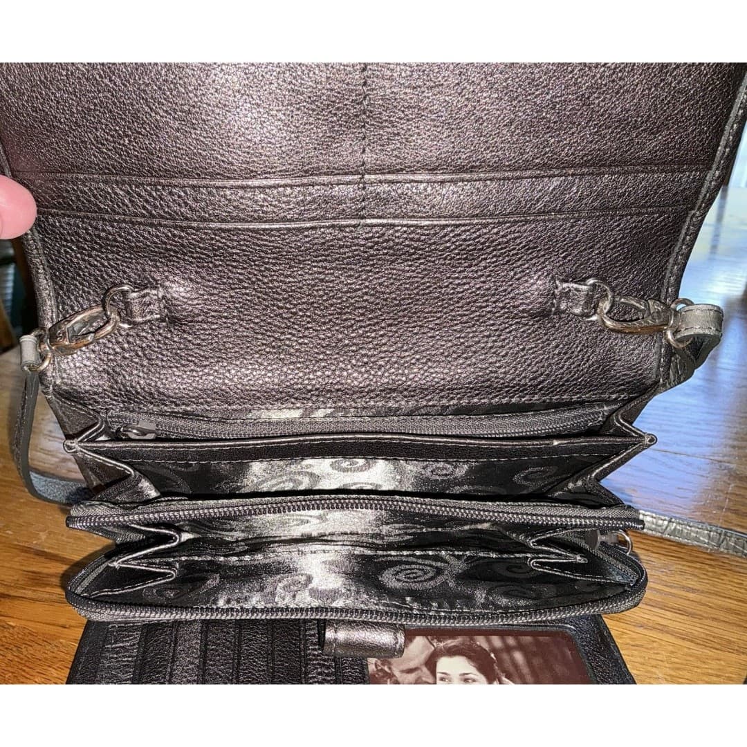 Vintage Brighton Silver Metallic Embossed Leather Crossbody Handbag - Thumbnail 7