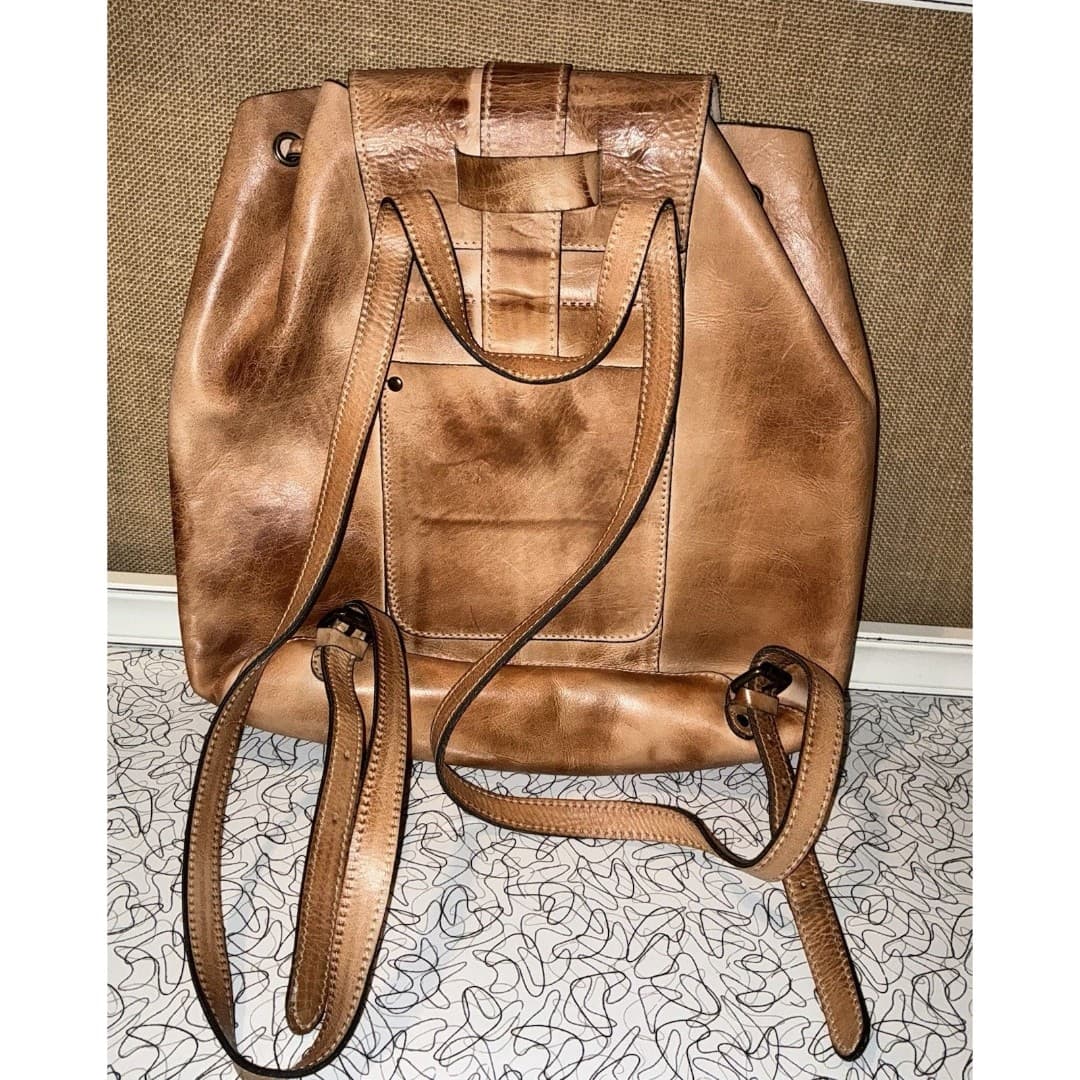 Patricia Nash Leather Backpack Tan Cognac Distressed Vintage Drawstring & Buckle - Thumbnail 8