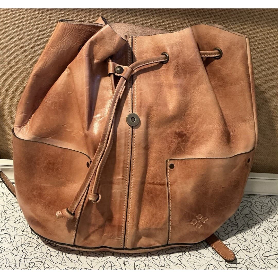 Patricia Nash Leather Backpack Tan Cognac Distressed Vintage Drawstring & Buckle - Thumbnail 4