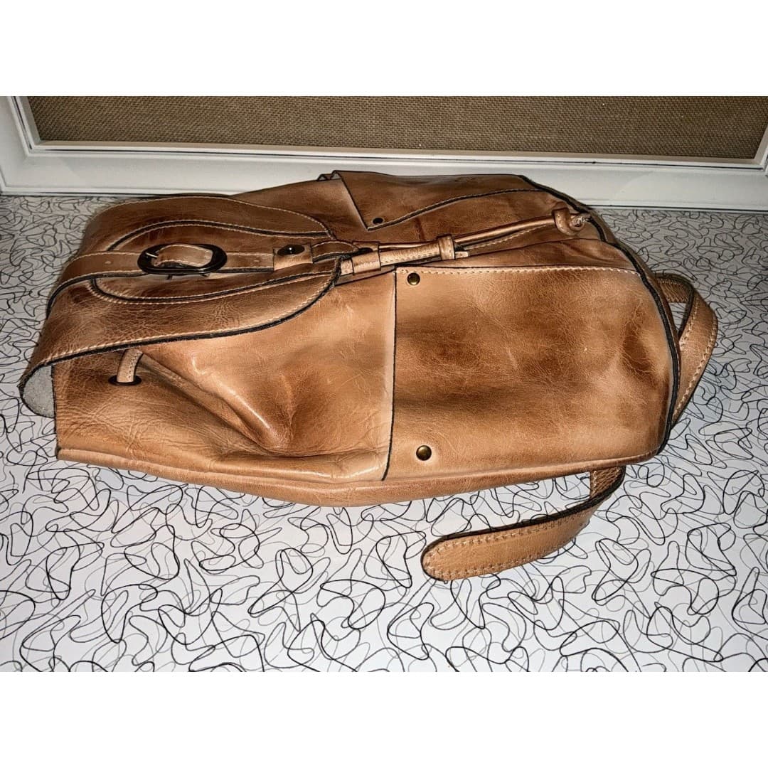 Patricia Nash Leather Backpack Tan Cognac Distressed Vintage Drawstring & Buckle - Thumbnail 11