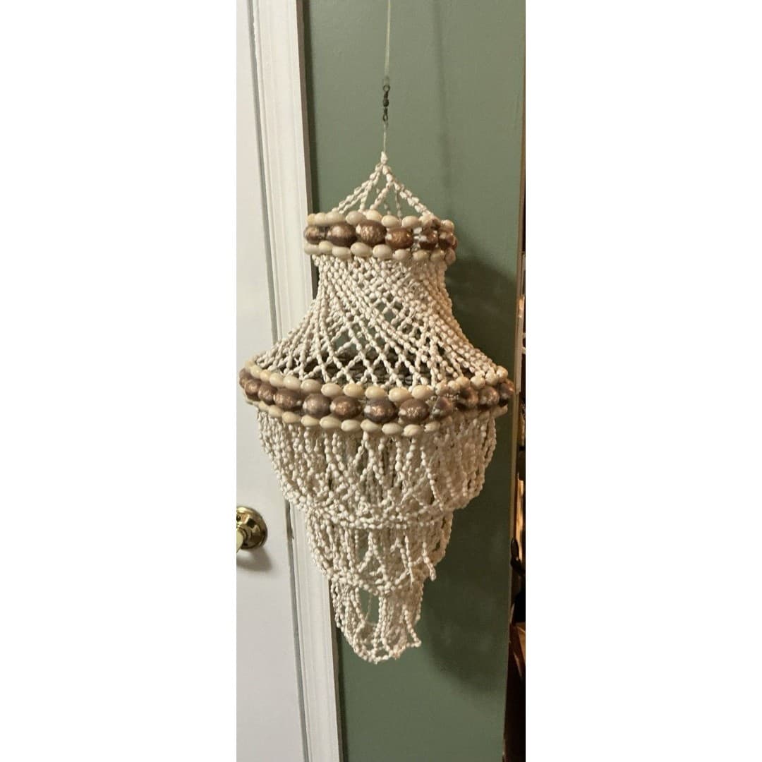 Medium Vintage 70’s Seashell Chandelier Boho Beach Tiki Hanging Macrame