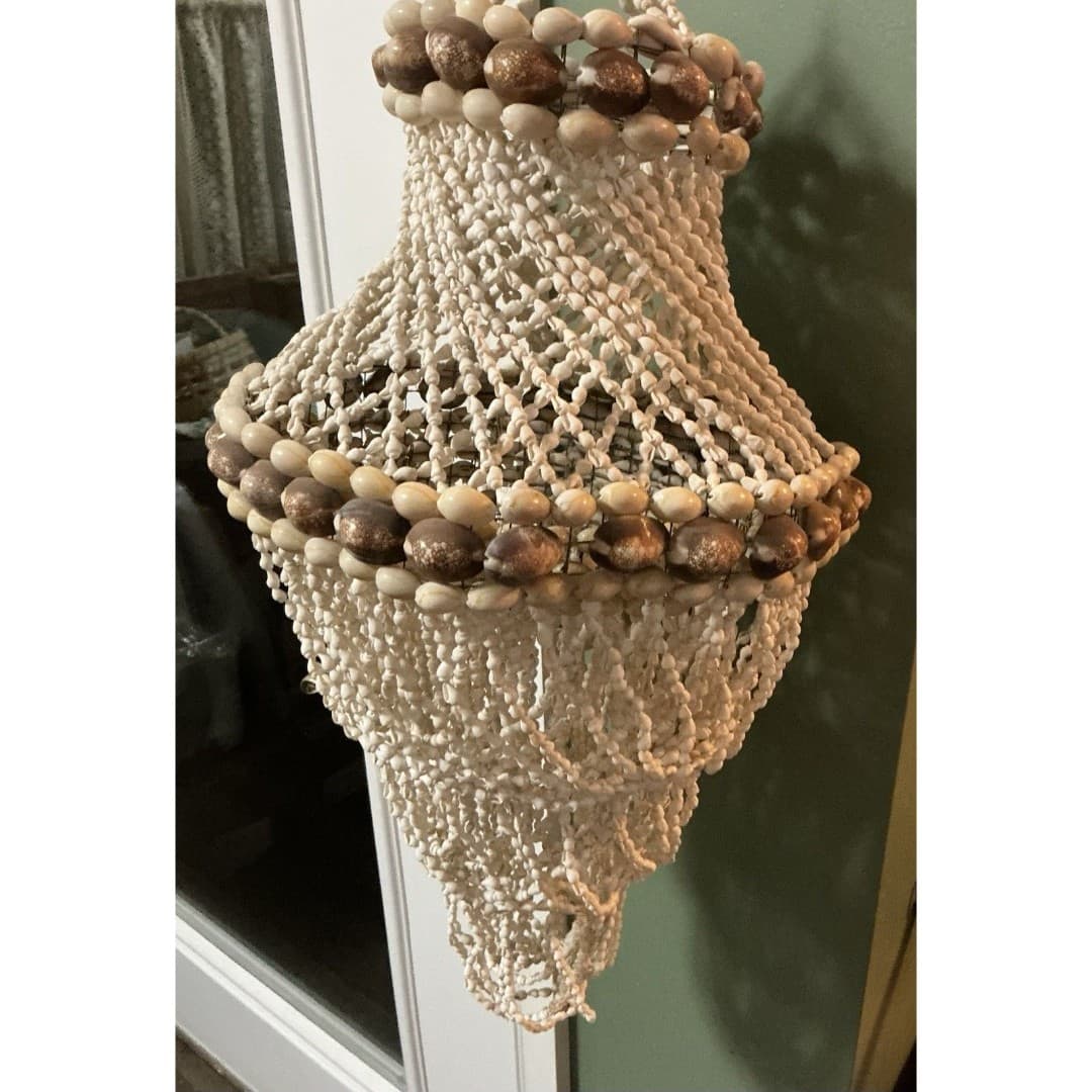 Medium Vintage 70’s Seashell Chandelier Boho Beach Tiki Hanging Macrame - Thumbnail 5