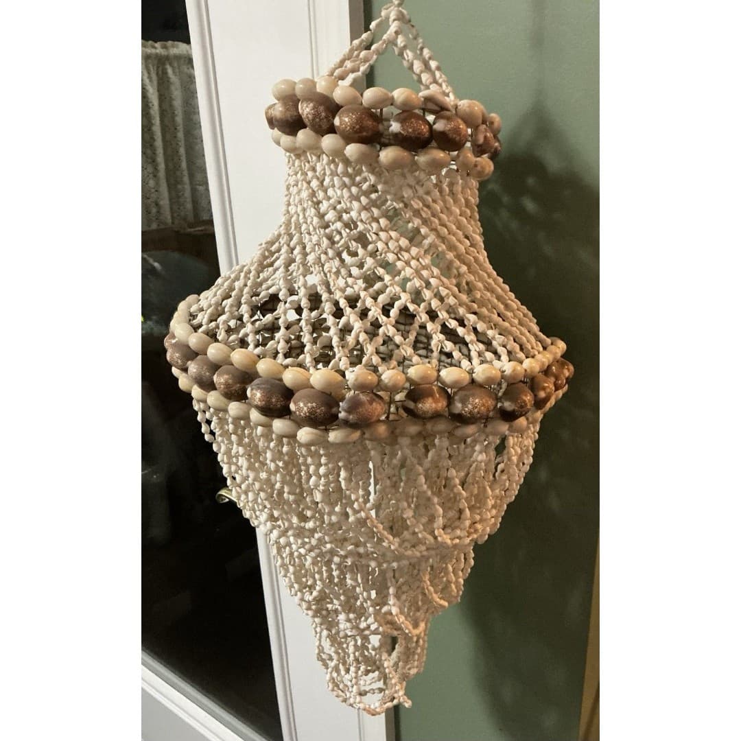 Medium Vintage 70’s Seashell Chandelier Boho Beach Tiki Hanging Macrame - Thumbnail 4