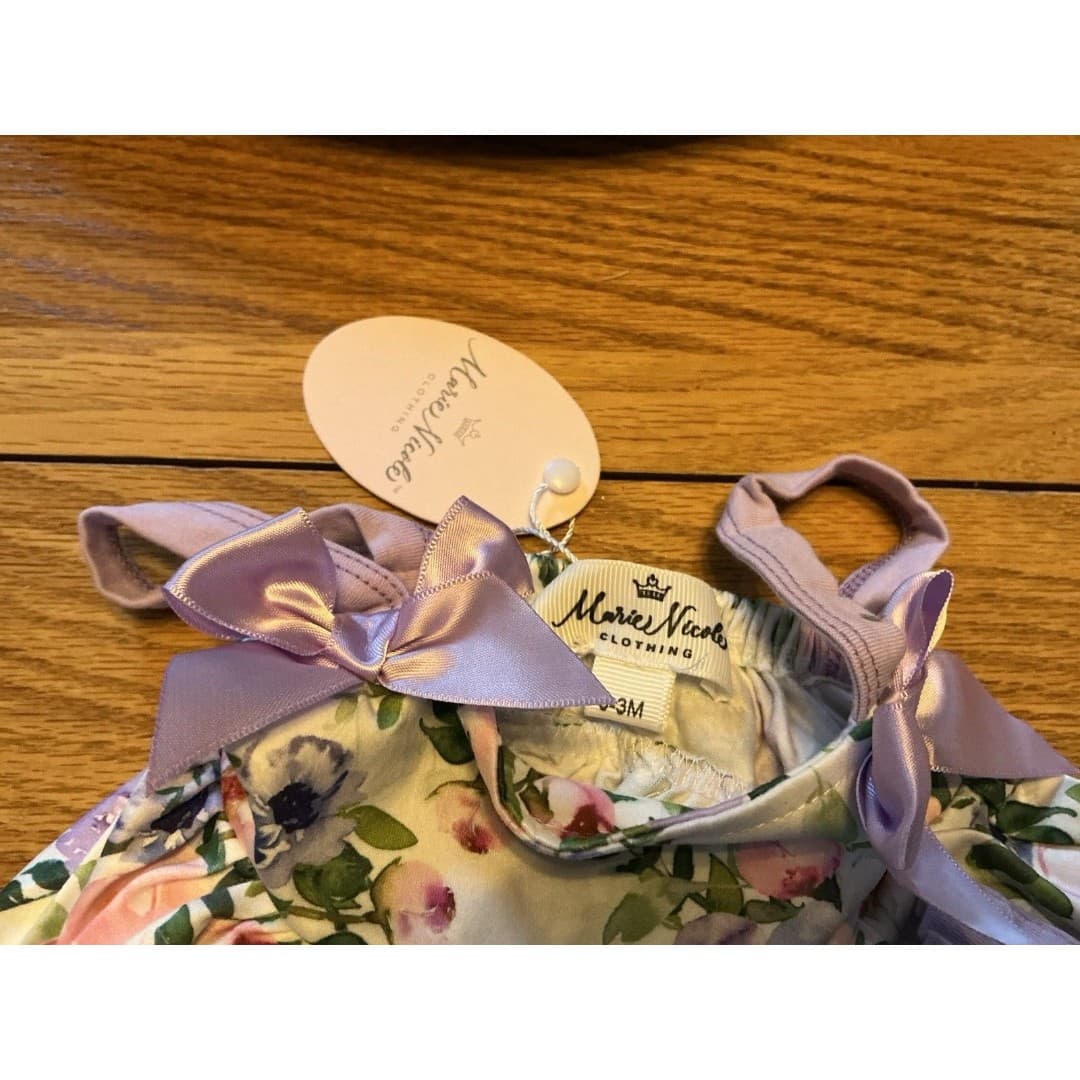 Marie Nicole Baby Girl Dress and Diaper Cover Set Lavender Floral Sz 0-3 Months - Thumbnail 4