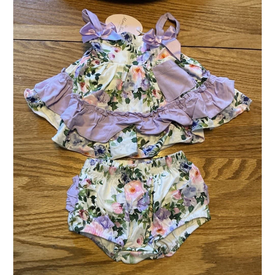 Marie Nicole Baby Girl Dress and Diaper Cover Set Lavender Floral Sz 0-3 Months