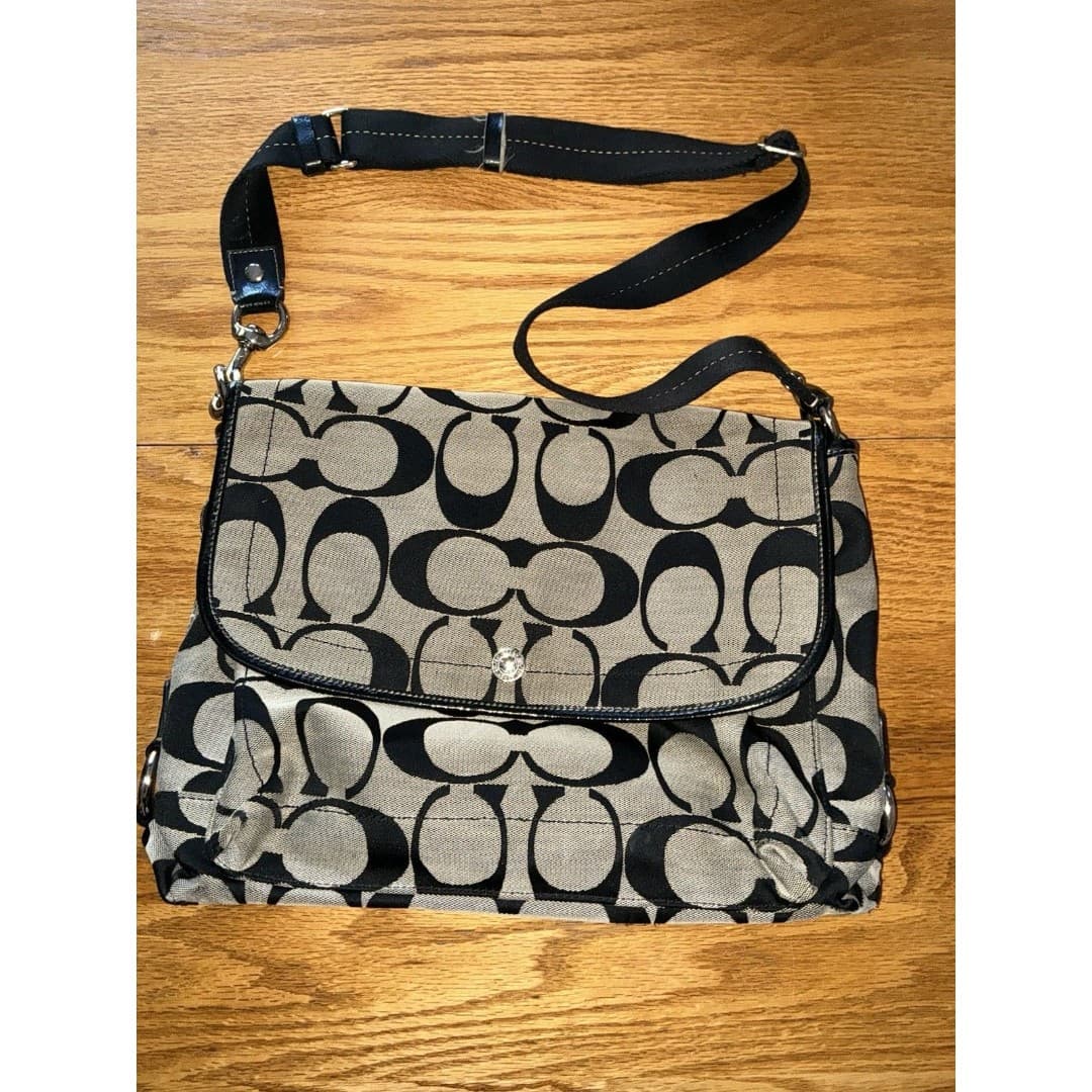 Coach Black Gray Logo Crossbody Bag with Zipper Stitching Magnetic Closure