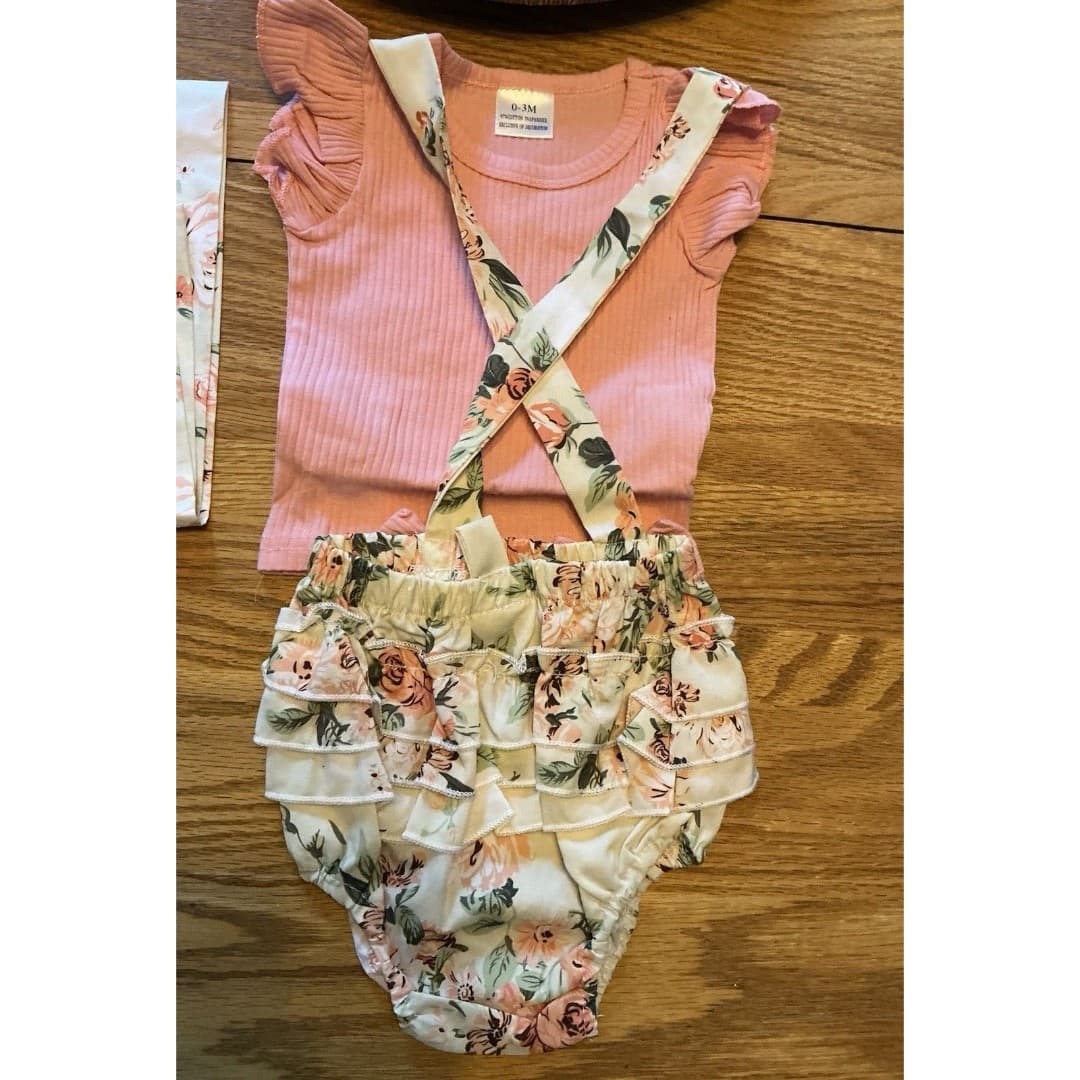 Baby Girl Clothes 0-3 Months 3 Pc Outfit Floral Pink/Beige - Thumbnail 4