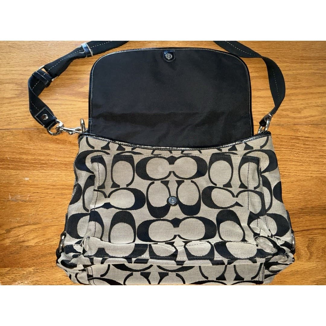 Coach Black Gray Logo Crossbody Bag with Zipper Stitching Magnetic Closure - Thumbnail 8