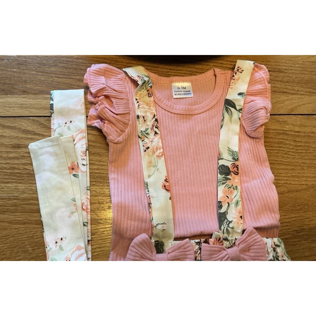 Baby Girl Clothes 0-3 Months 3 Pc Outfit Floral Pink/Beige - Thumbnail 2