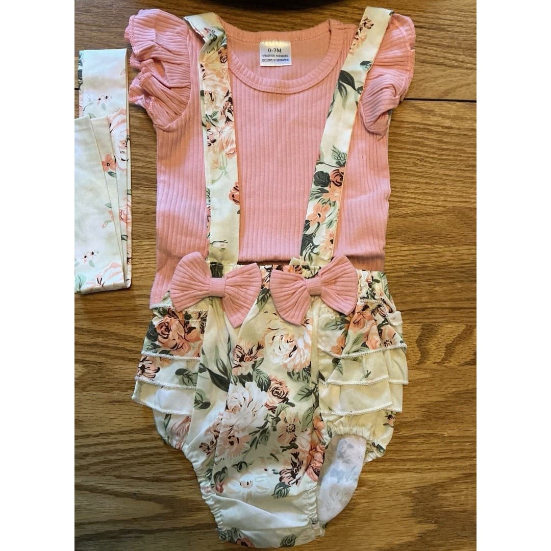 Baby Girl Clothes 0-3 Months 3 Pc Outfit Floral Pink/Beige - Thumbnail 3