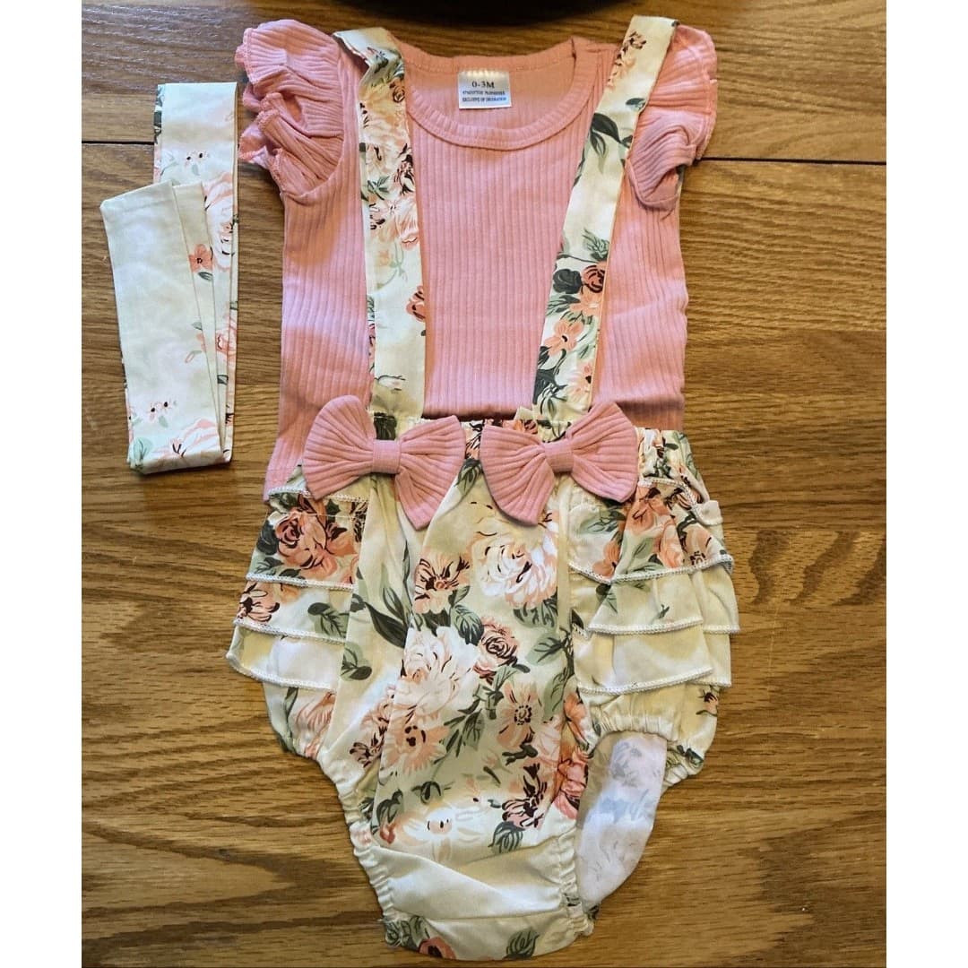 Baby Girl Clothes 0-3 Months 3 Pc Outfit Floral Pink/Beige