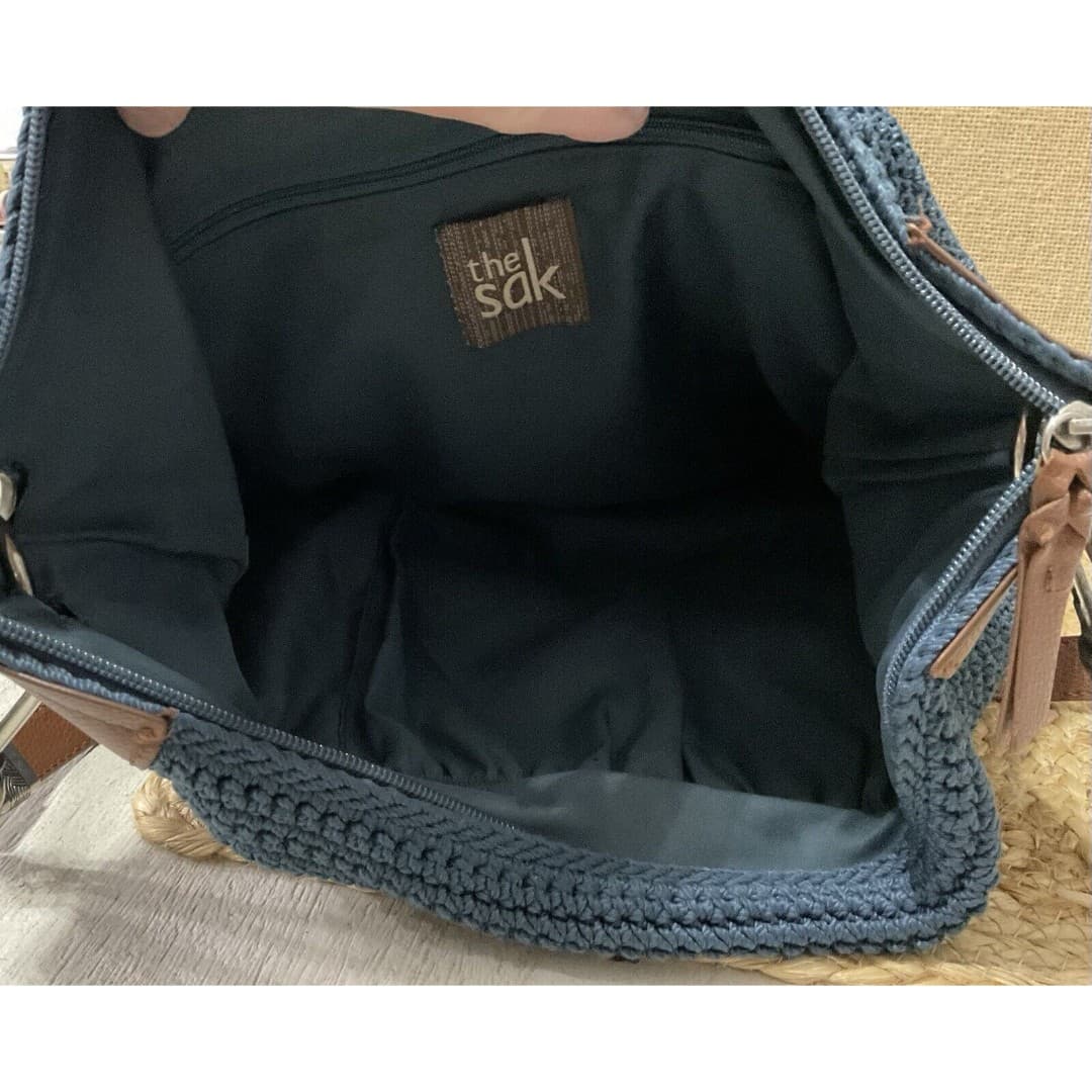 The Sak Large Crochet Navy Blue Shoulder Bag With Brown Leather Woven Straps - Thumbnail 7