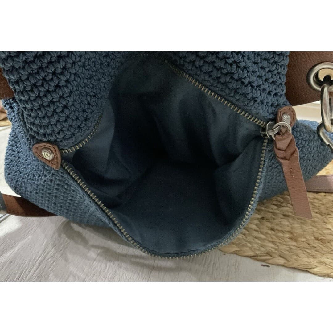 The Sak Large Crochet Navy Blue Shoulder Bag With Brown Leather Woven Straps - Thumbnail 6