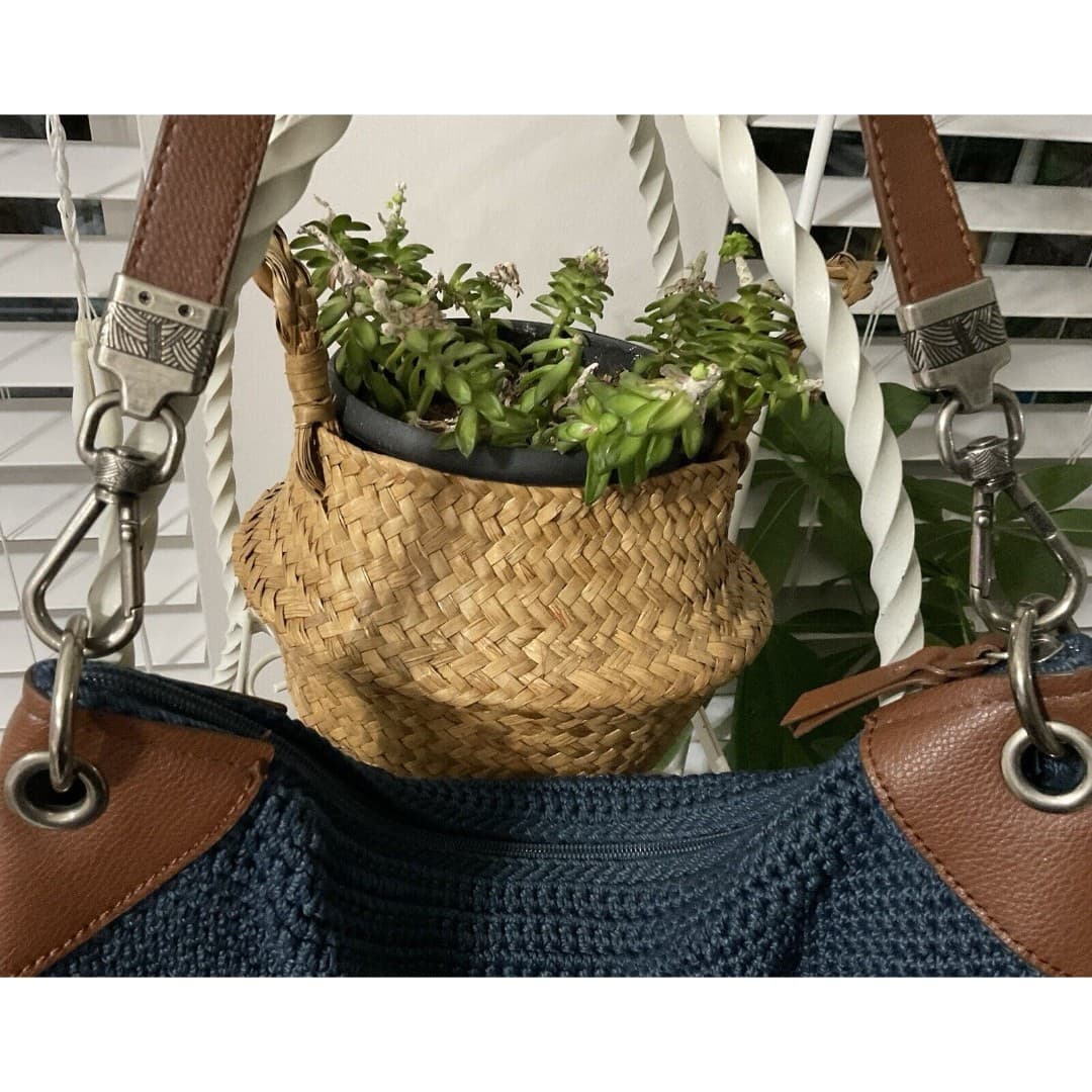 The Sak Large Crochet Navy Blue Shoulder Bag With Brown Leather Woven Straps - Thumbnail 9
