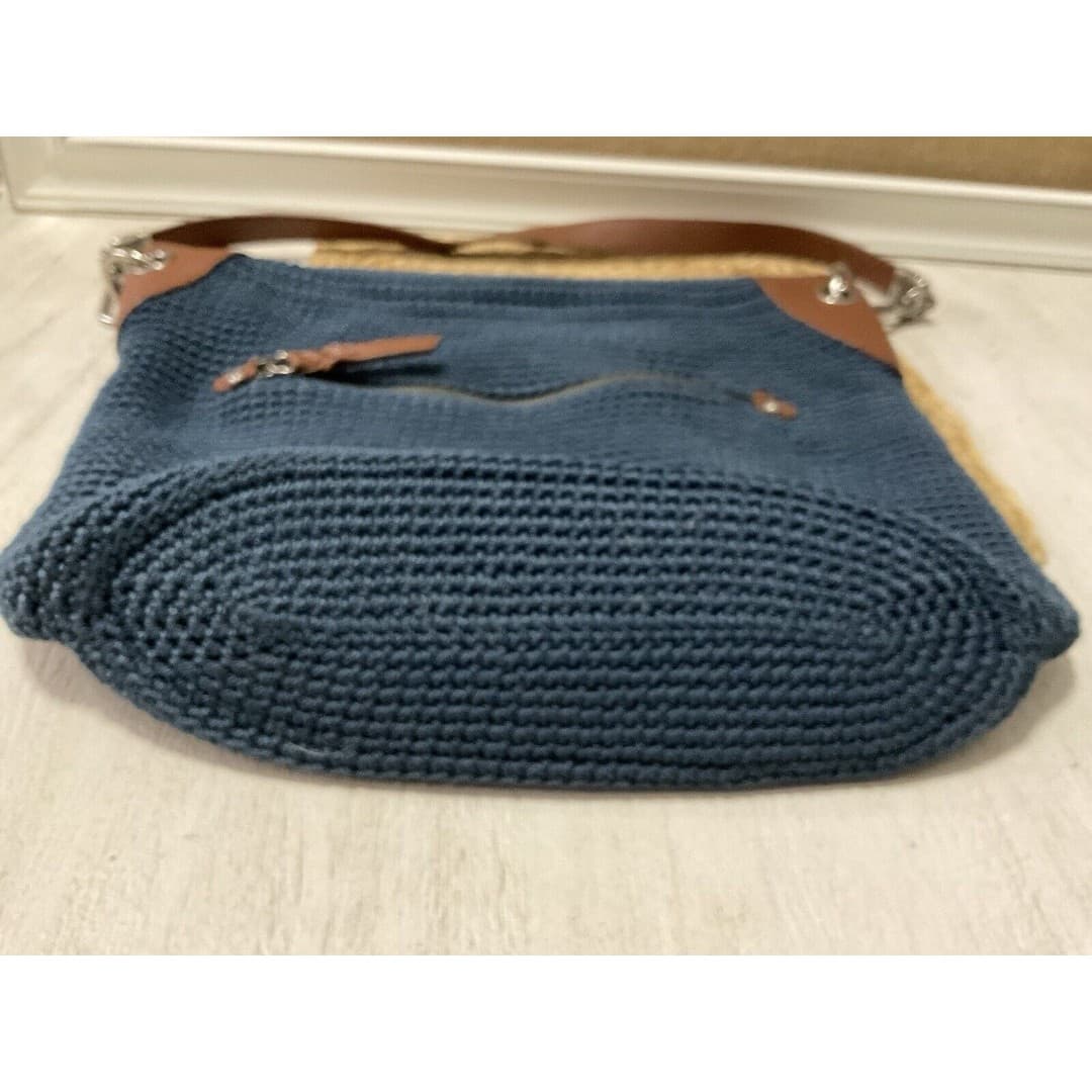 The Sak Large Crochet Navy Blue Shoulder Bag With Brown Leather Woven Straps - Thumbnail 5