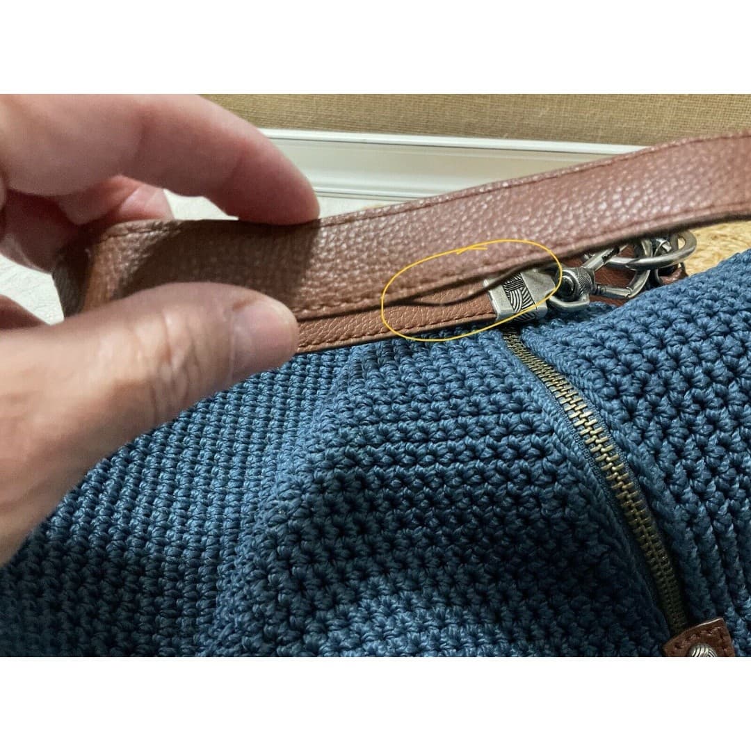 The Sak Large Crochet Navy Blue Shoulder Bag With Brown Leather Woven Straps - Thumbnail 8