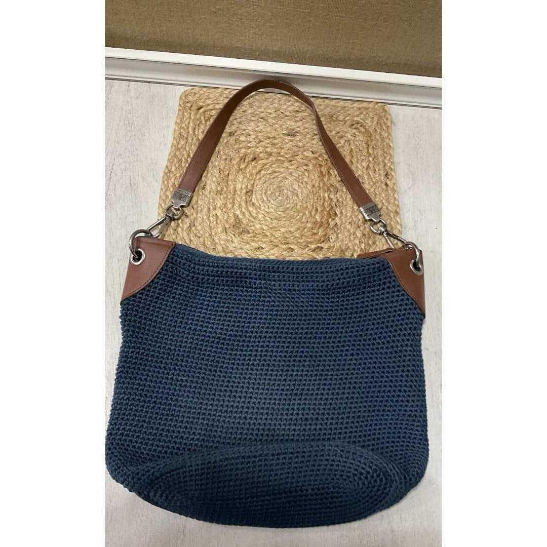 The Sak Large Crochet Navy Blue Shoulder Bag With Brown Leather Woven Straps - Thumbnail 4